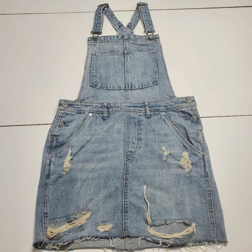 H&M Womens Denim Skirtall Blue Pocket Sleeveless Buckle Distressed 100% Cotton 6